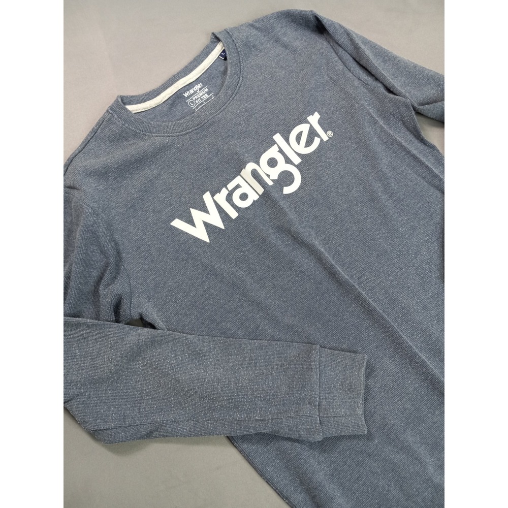 Wrangler Mens Long Sleeve Premium Fit Tee Blue Cotton Logo Shirt Large